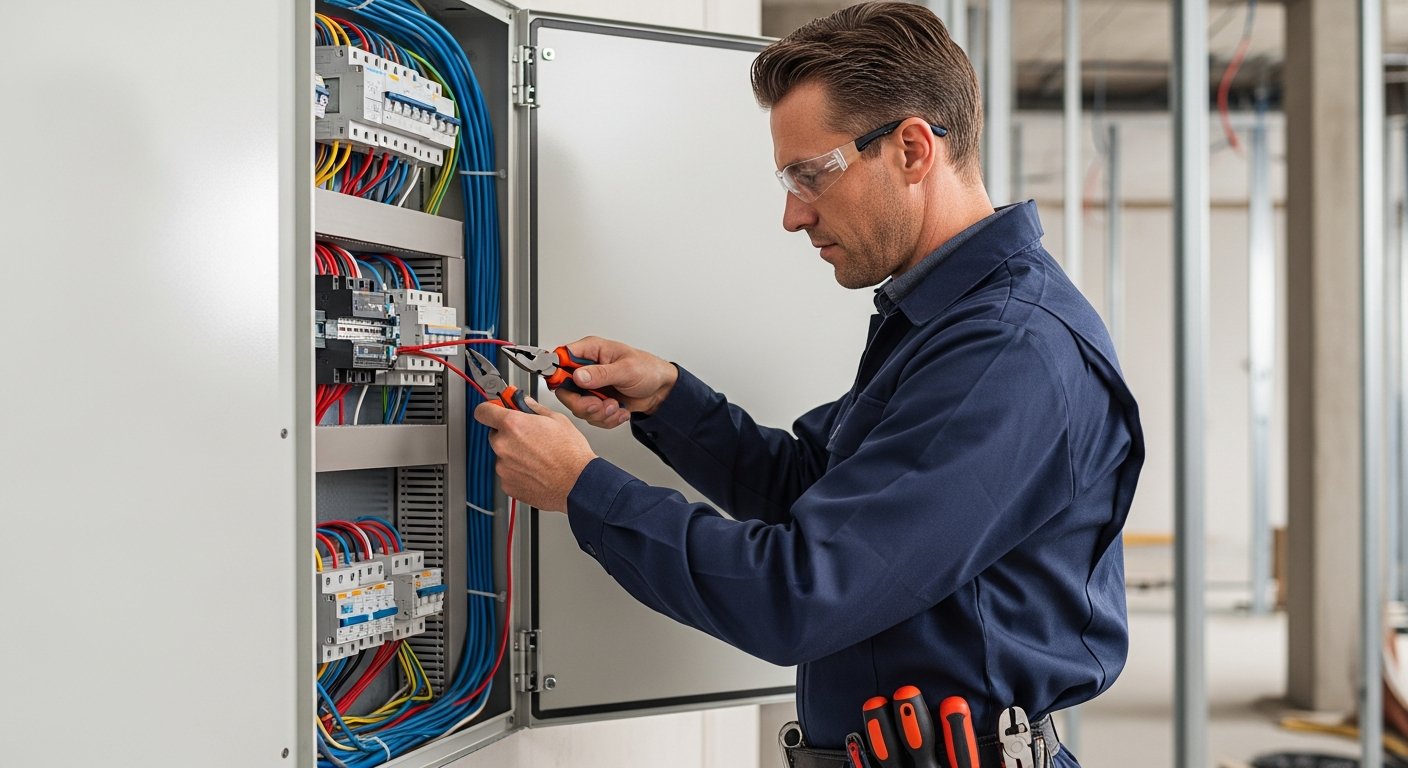 Professional electrician working on a modern consumer unit in a Leeds residential property